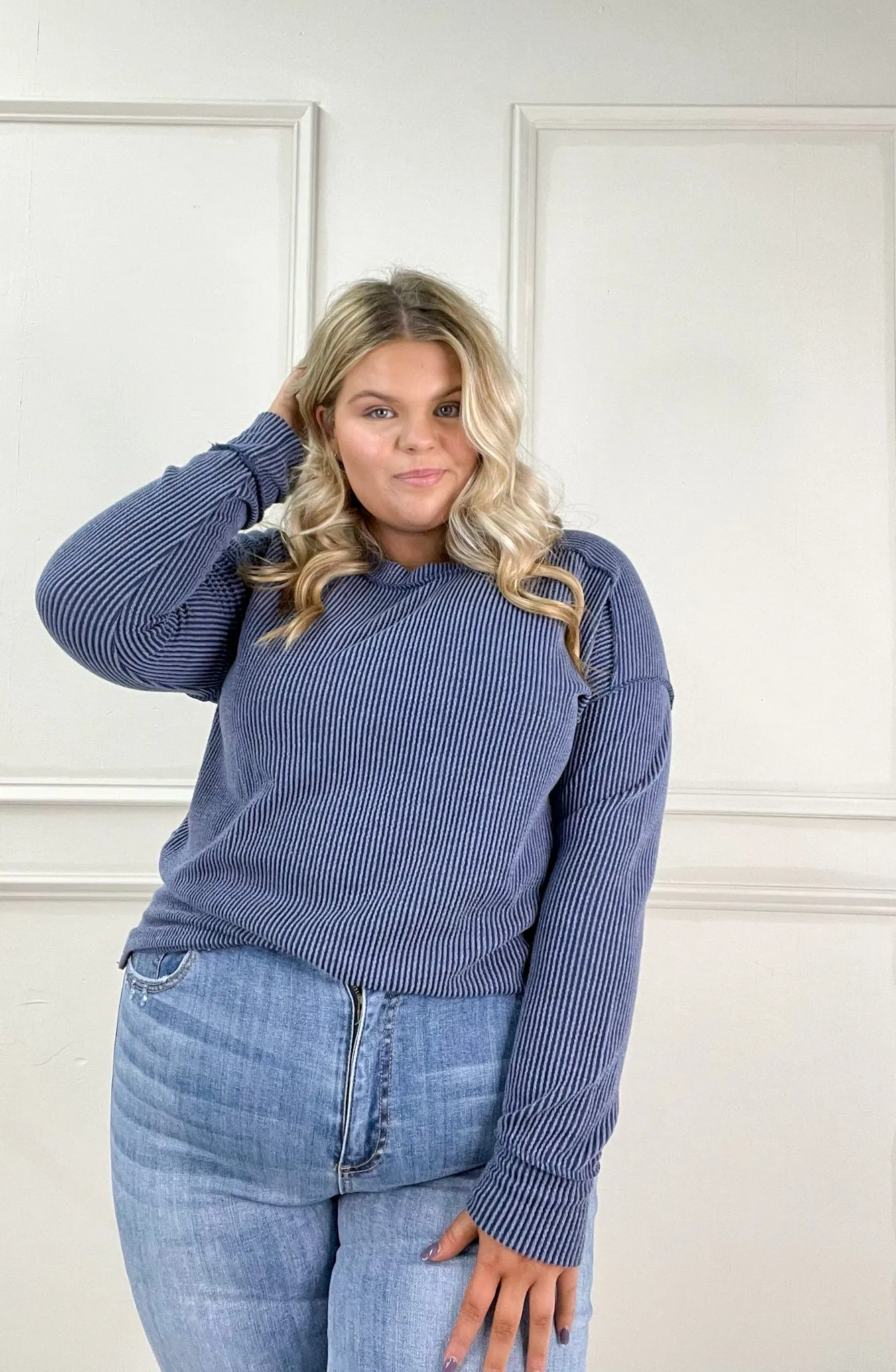 Dark Denim Ribbed Long Sleeve Top