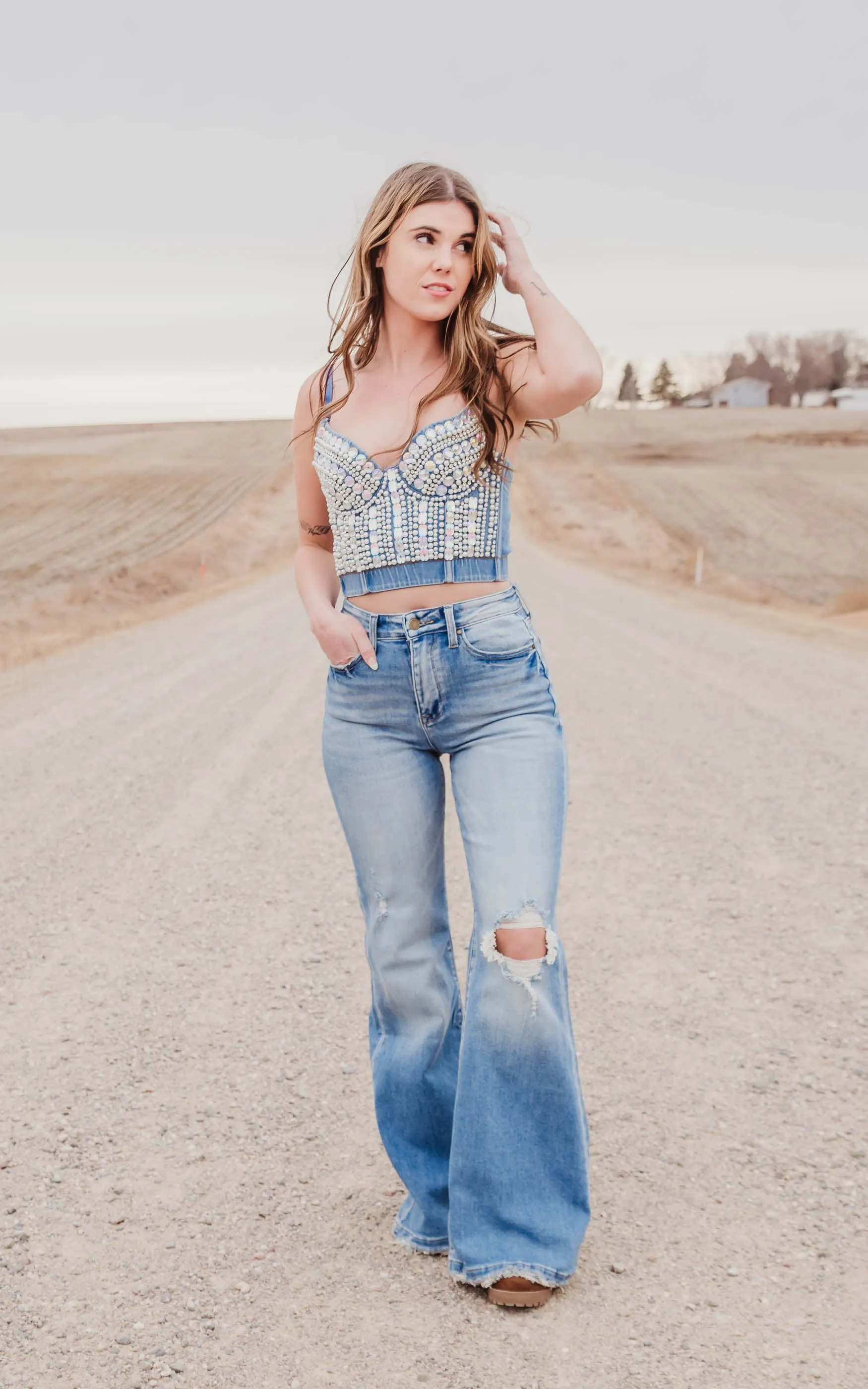 Denim Rhinestone & Pearl Bustier Crop Top - Final Sale