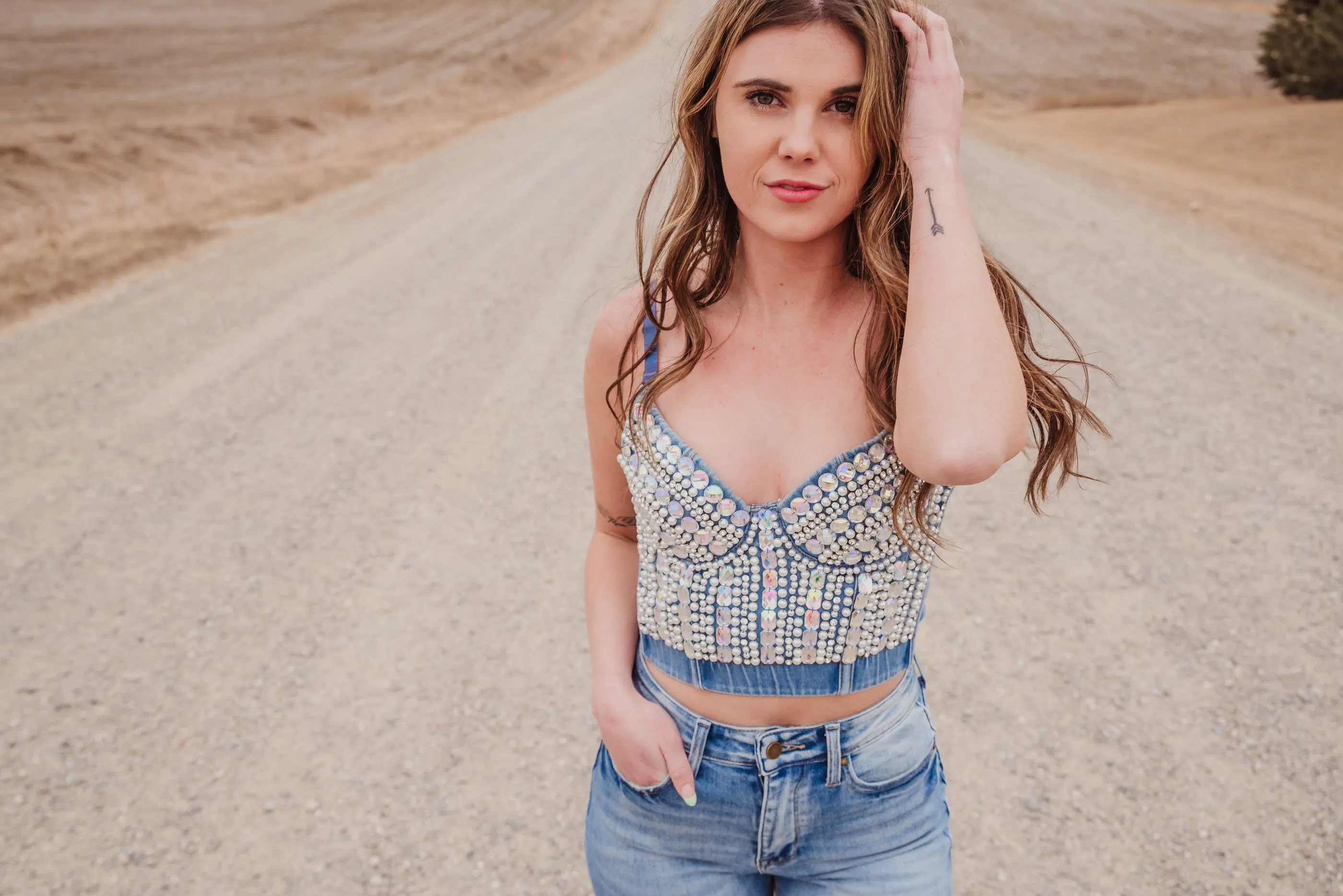 Denim Rhinestone & Pearl Bustier Crop Top - Final Sale