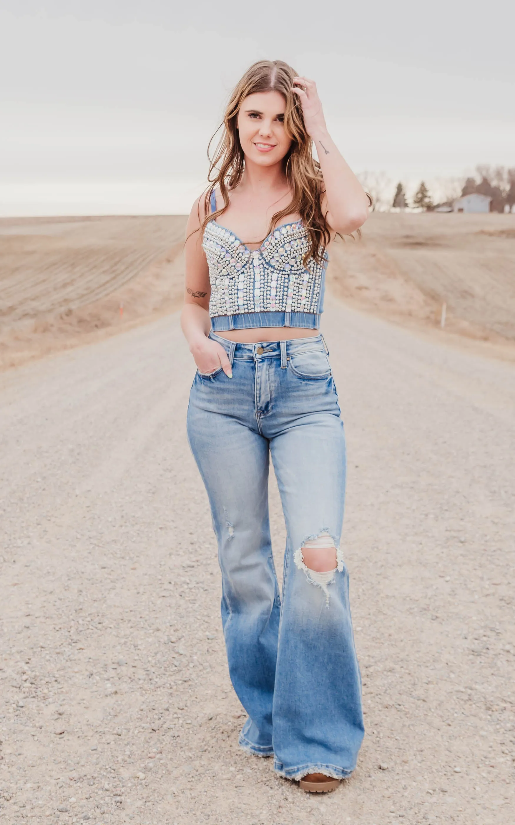 Denim Rhinestone & Pearl Bustier Crop Top - Final Sale