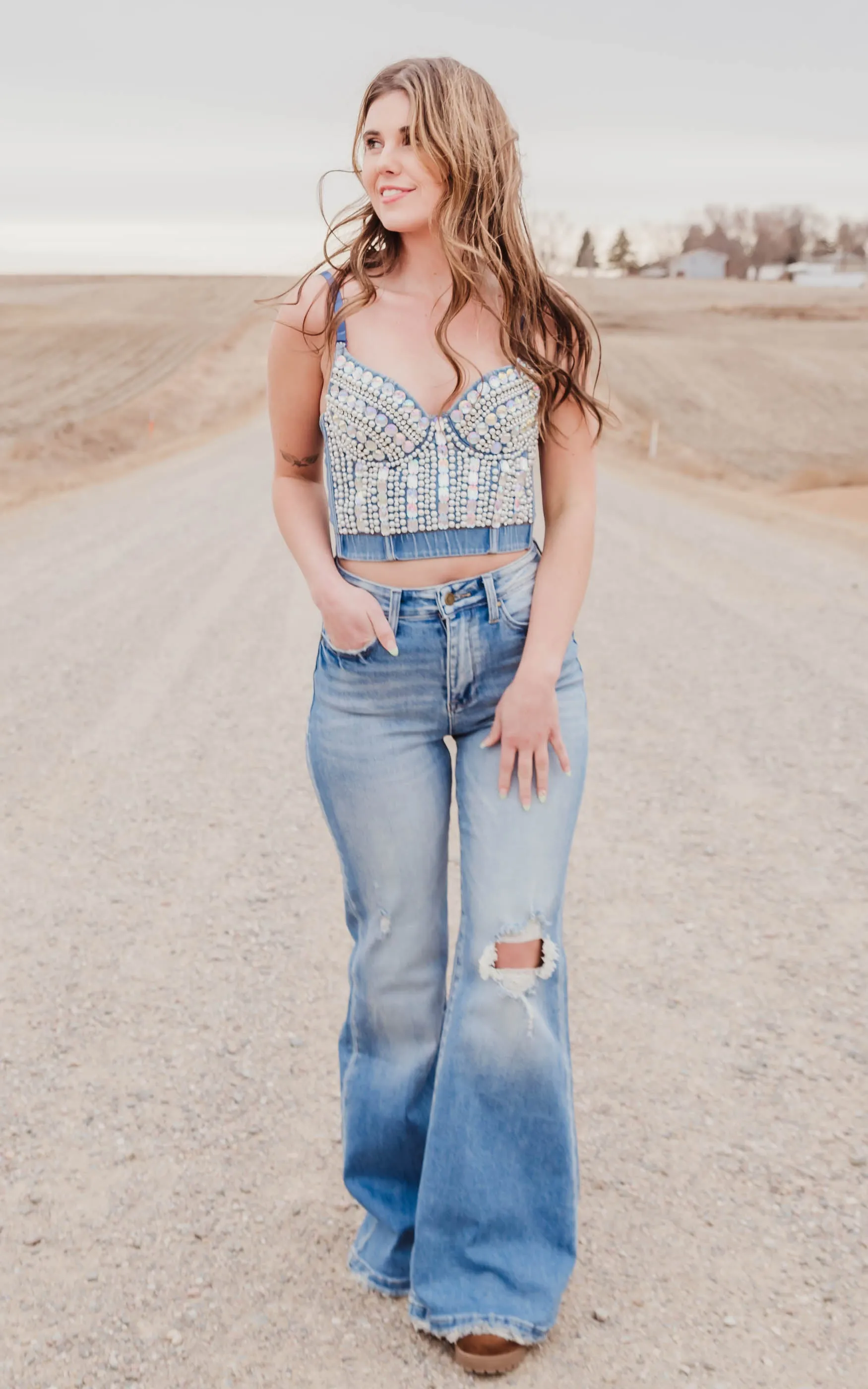 Denim Rhinestone & Pearl Bustier Crop Top - Final Sale