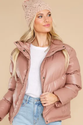 Downtown Rose Taupe Faux Leather Puffer Jacket