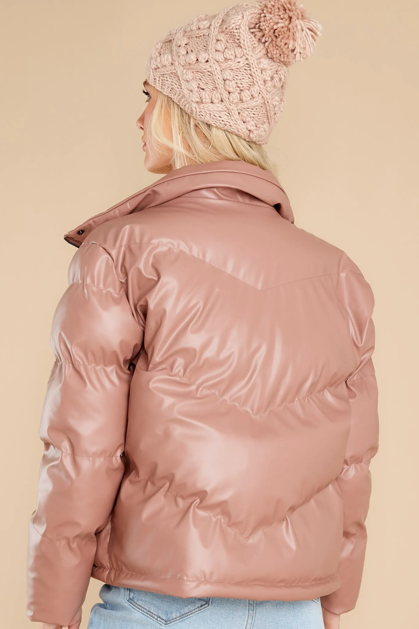 Downtown Rose Taupe Faux Leather Puffer Jacket