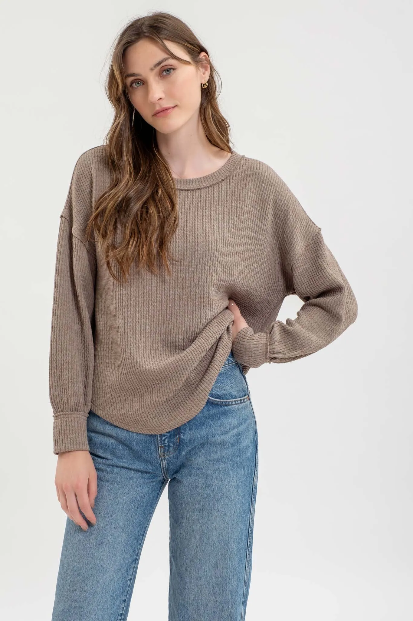 DROP SHOULDER LONG SLEEVE SWEATER KNIT TOP