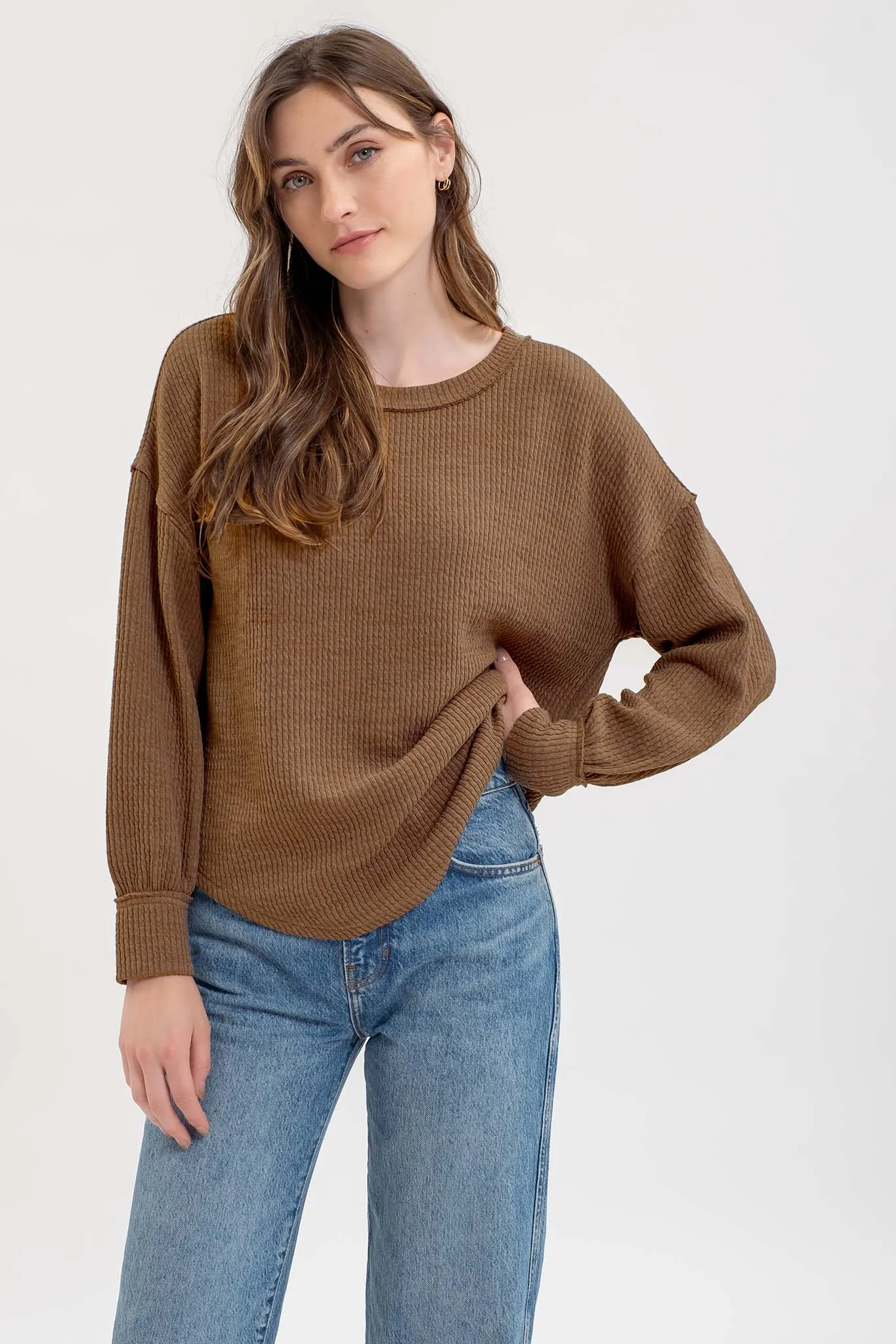 DROP SHOULDER LONG SLEEVE SWEATER KNIT TOP