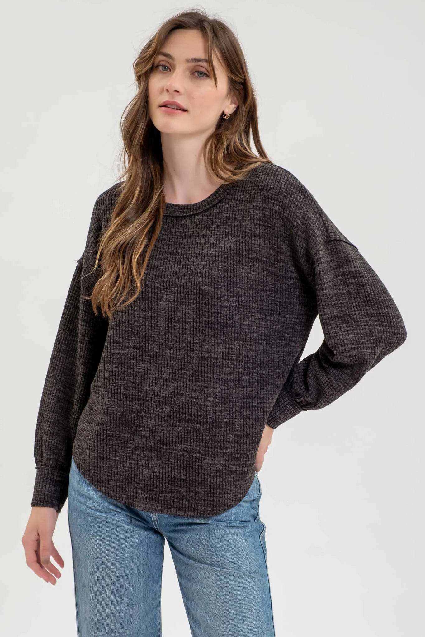 DROP SHOULDER LONG SLEEVE SWEATER KNIT TOP