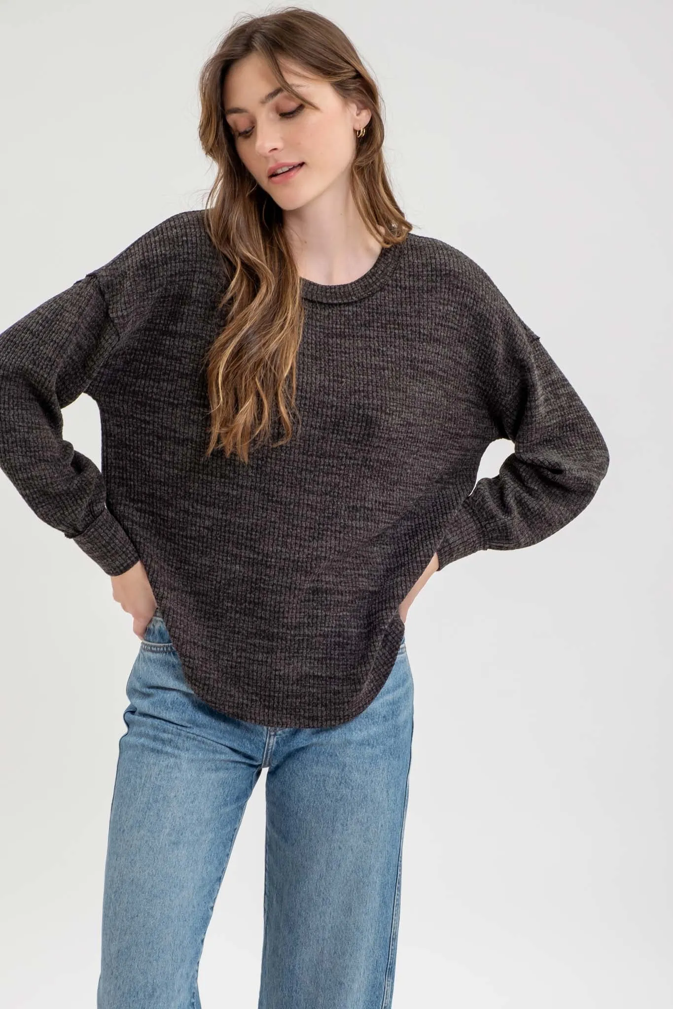 DROP SHOULDER LONG SLEEVE SWEATER KNIT TOP