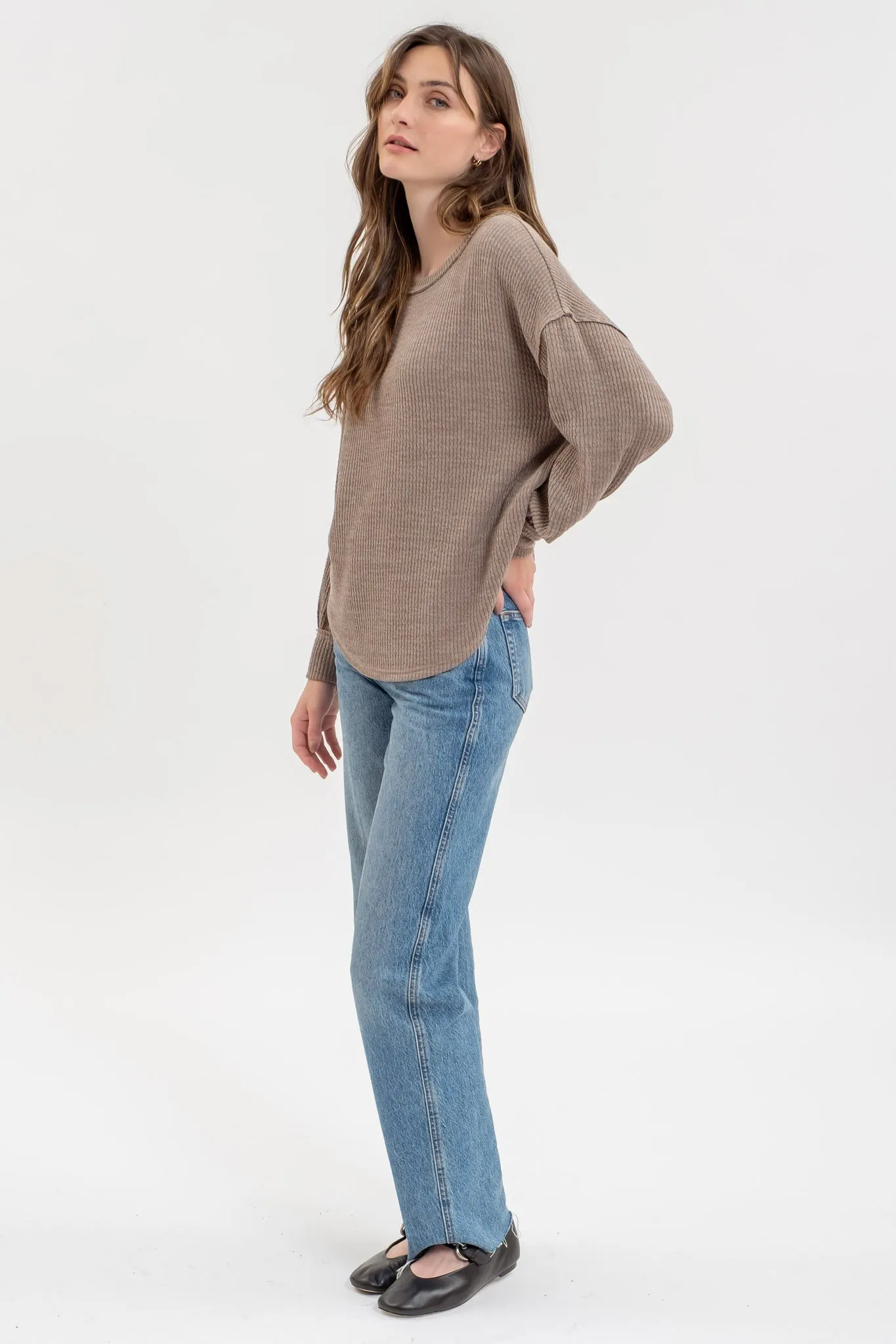 DROP SHOULDER LONG SLEEVE SWEATER KNIT TOP