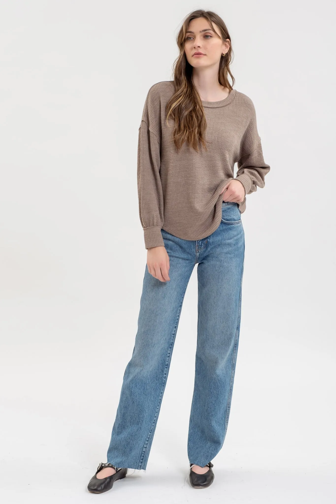 DROP SHOULDER LONG SLEEVE SWEATER KNIT TOP