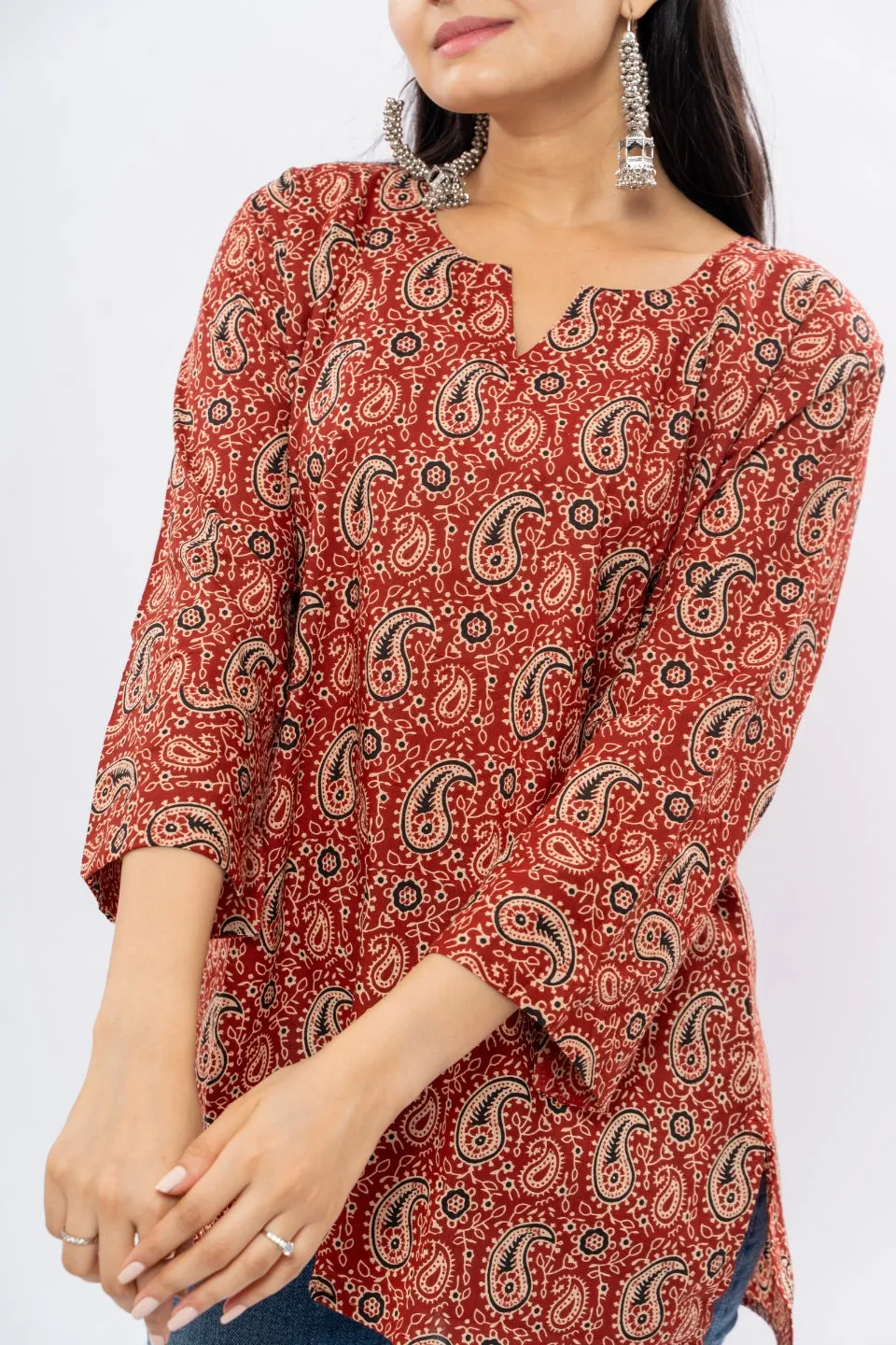 Ekisha's women maroon kalamkari multicolor printed cotton tunic top short kurti