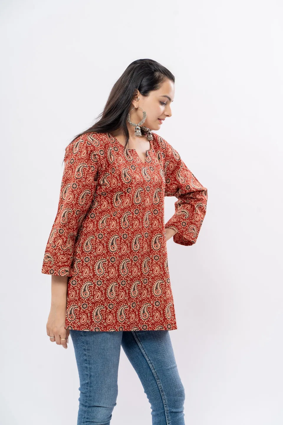 Ekisha's women maroon kalamkari multicolor printed cotton tunic top short kurti