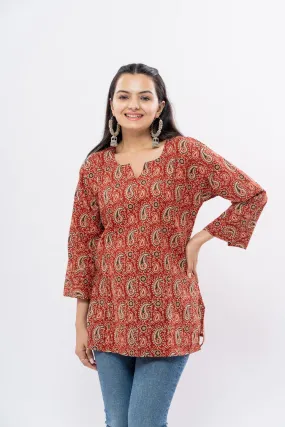 Ekisha's women maroon kalamkari multicolor printed cotton tunic top short kurti