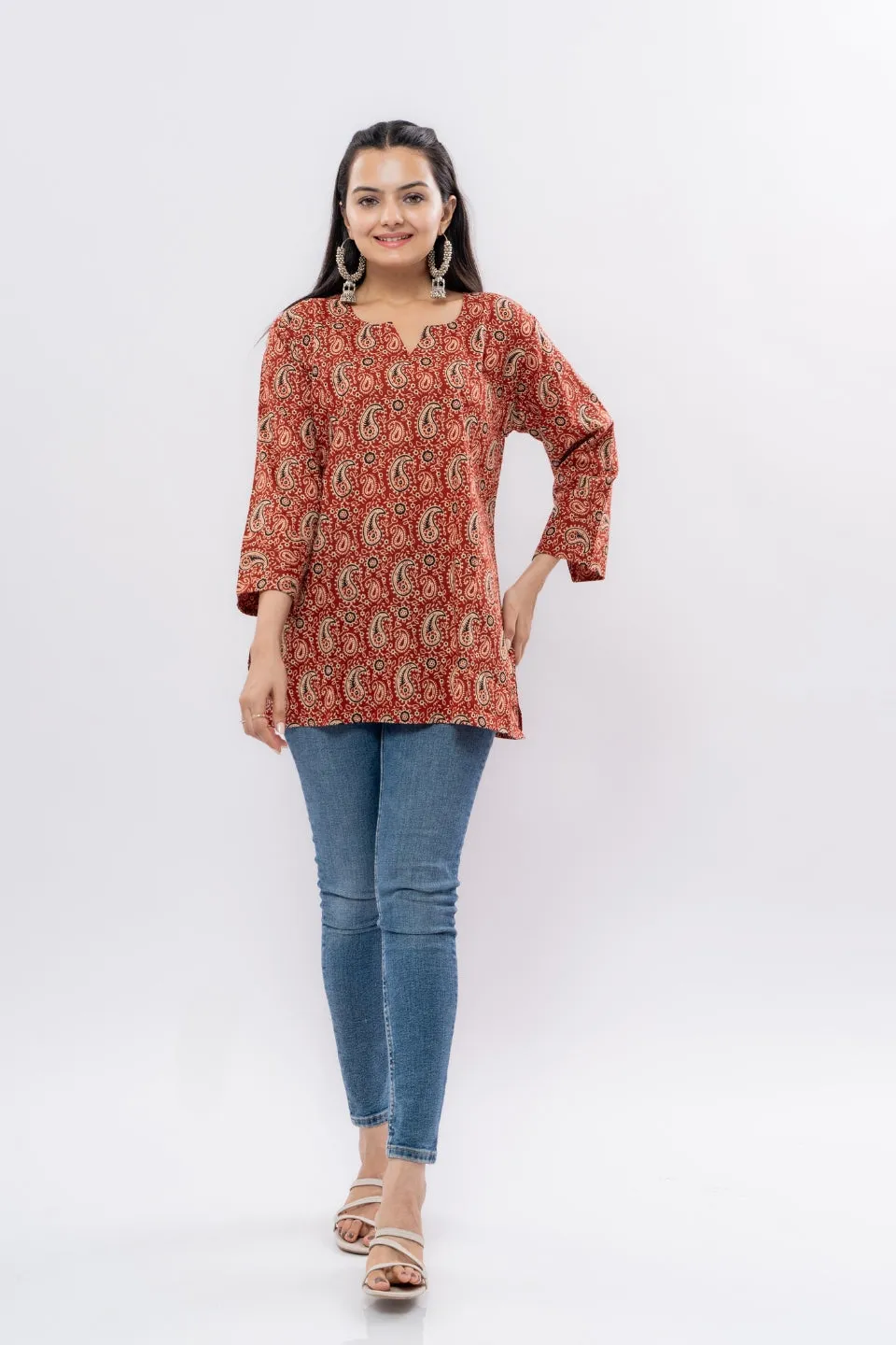 Ekisha's women maroon kalamkari multicolor printed cotton tunic top short kurti