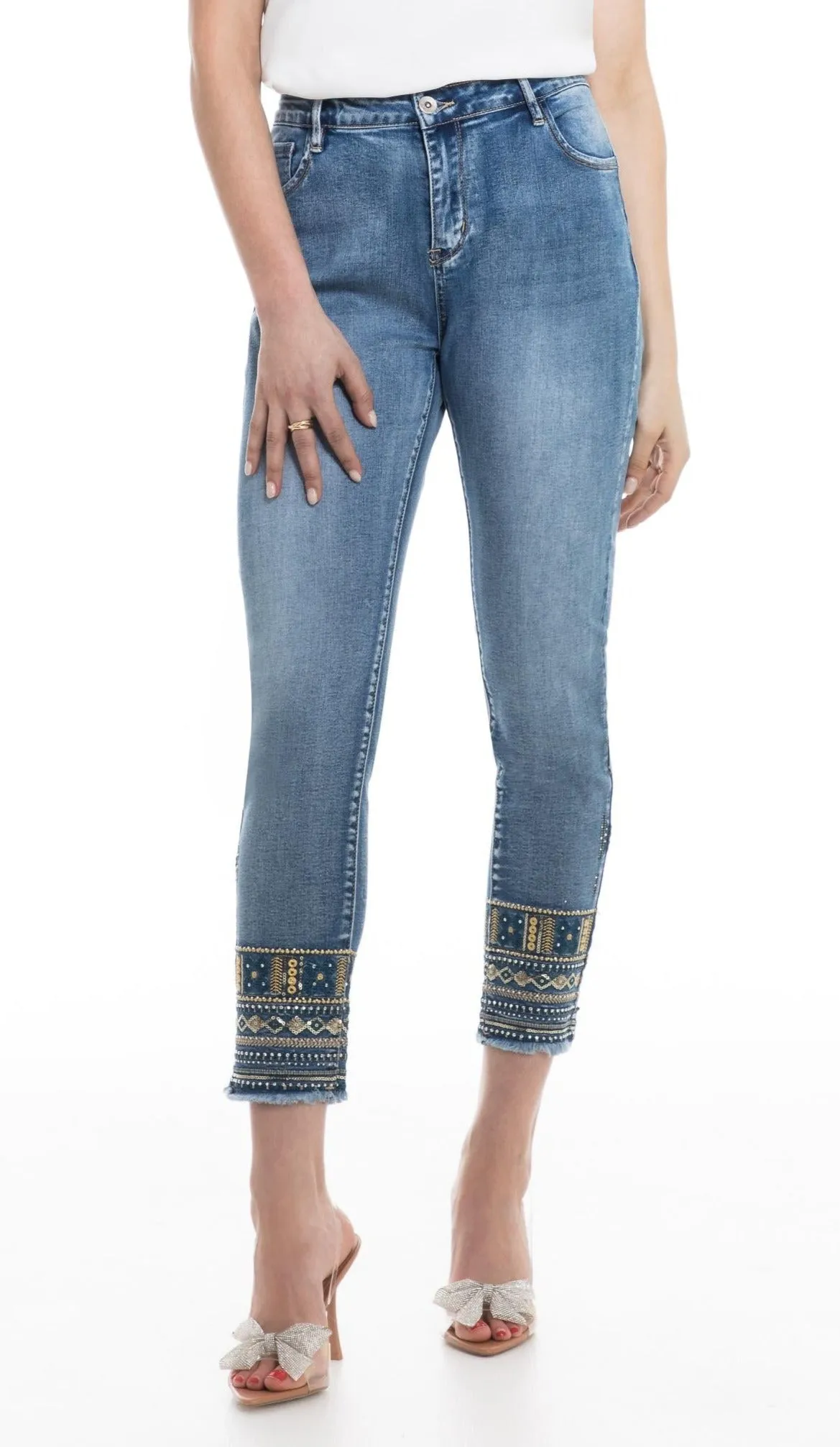 Embroidered Bleached Slim-Fit Jeans