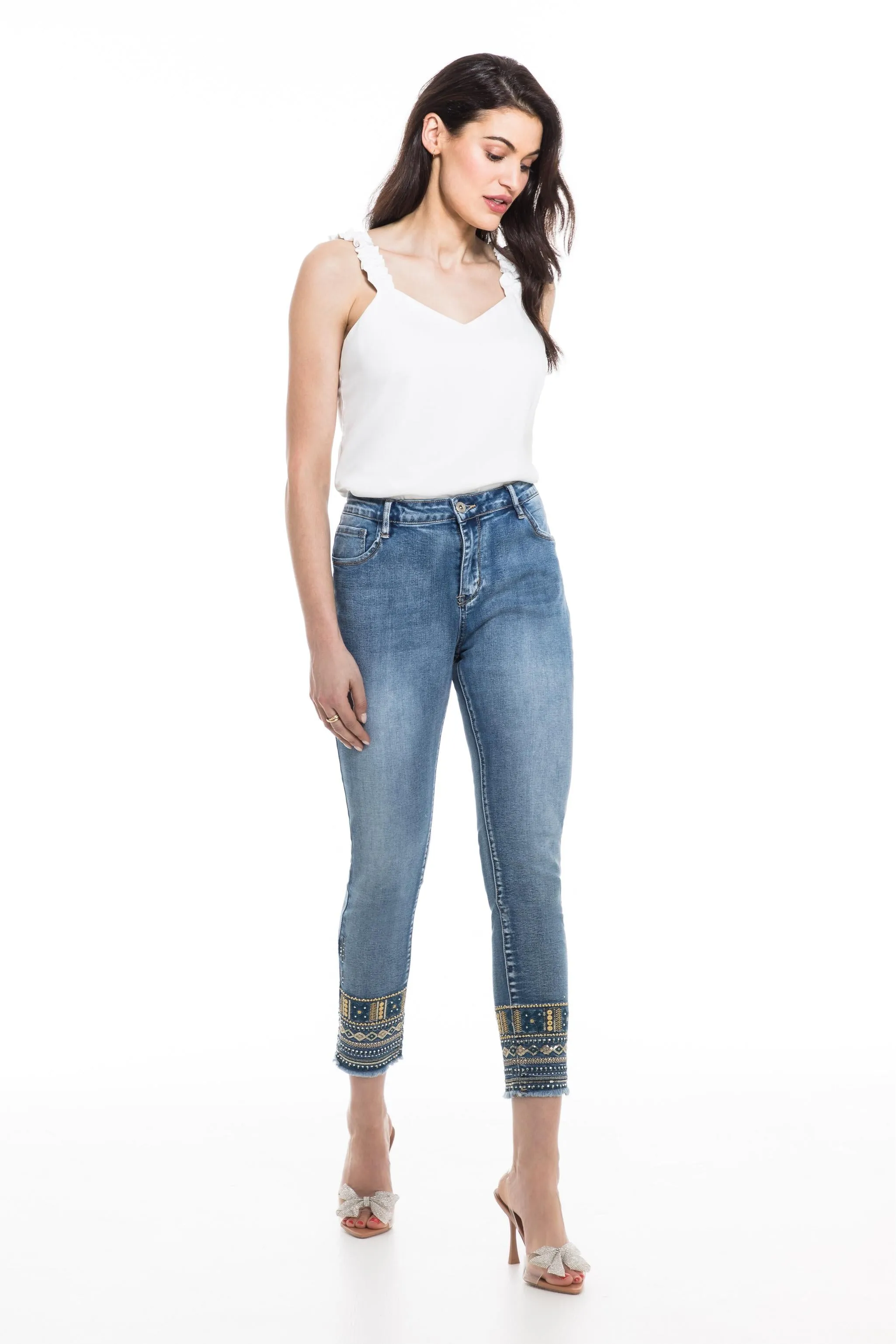 Embroidered Bleached Slim-Fit Jeans