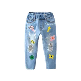 Fashionable Casual Girls' Elastic Waist Denim Pants With Cartoon Floral Print