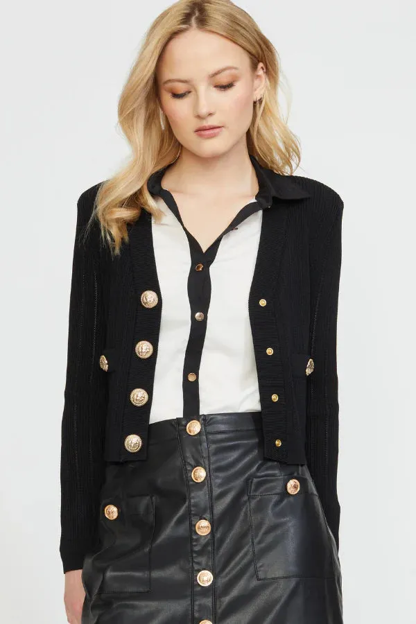 Fitted Shoulder Pad Cardigan - Black