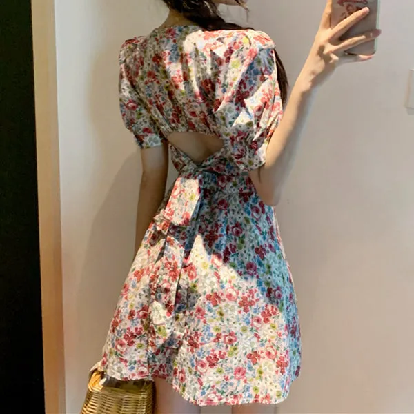 Floral Puff Sleeve Square Neck Backless Dress