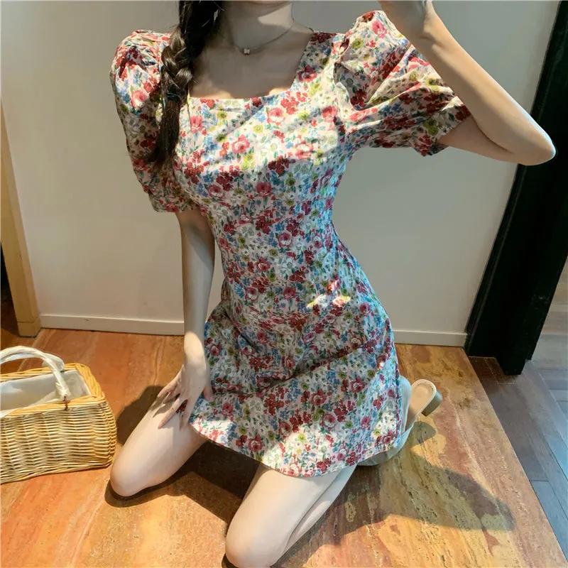 Floral Puff Sleeve Square Neck Backless Dress