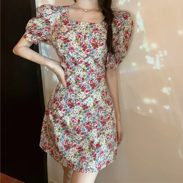 Floral Puff Sleeve Square Neck Backless Dress