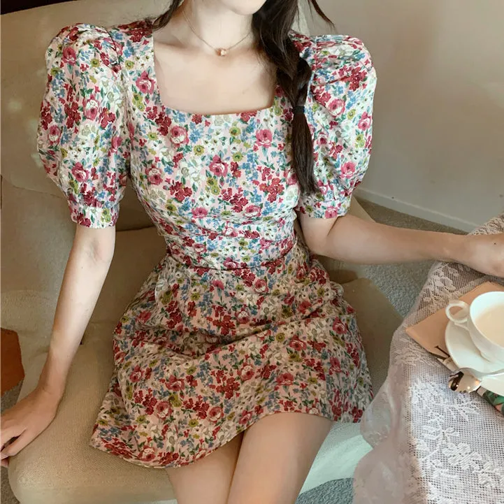 Floral Puff Sleeve Square Neck Backless Dress