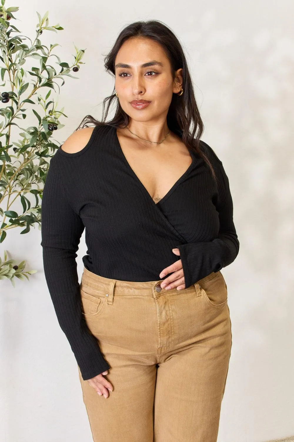 Full Size Ribbed Surplice Cold Shoulder Top