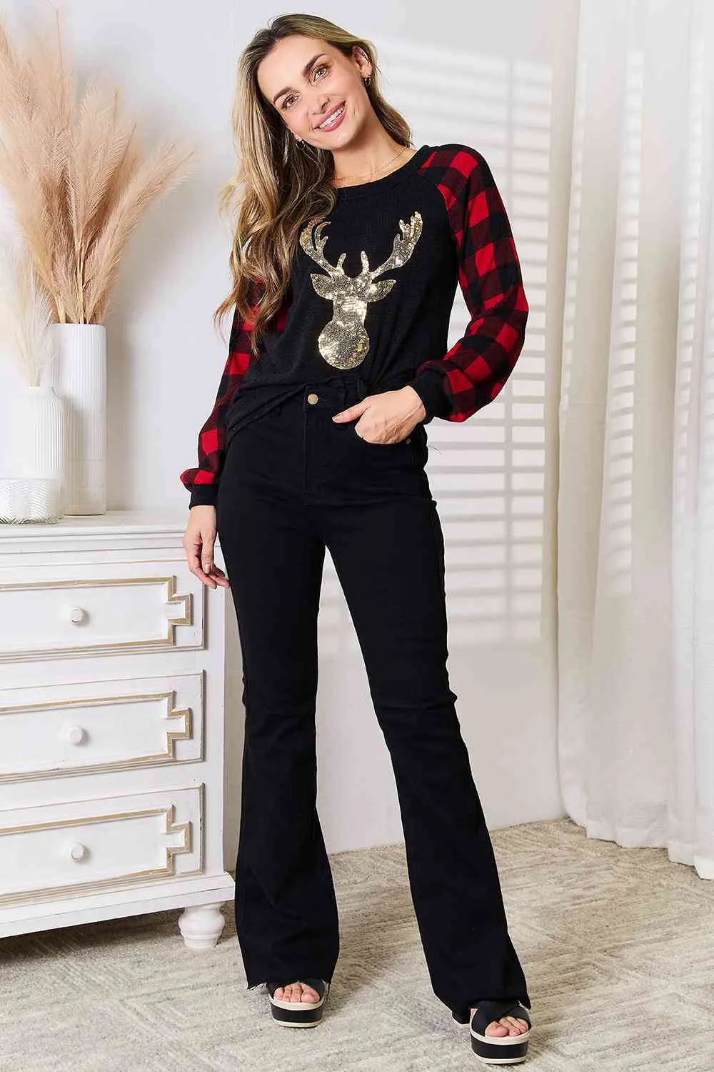 Full Size Sequin Reindeer Graphic Plaid Top