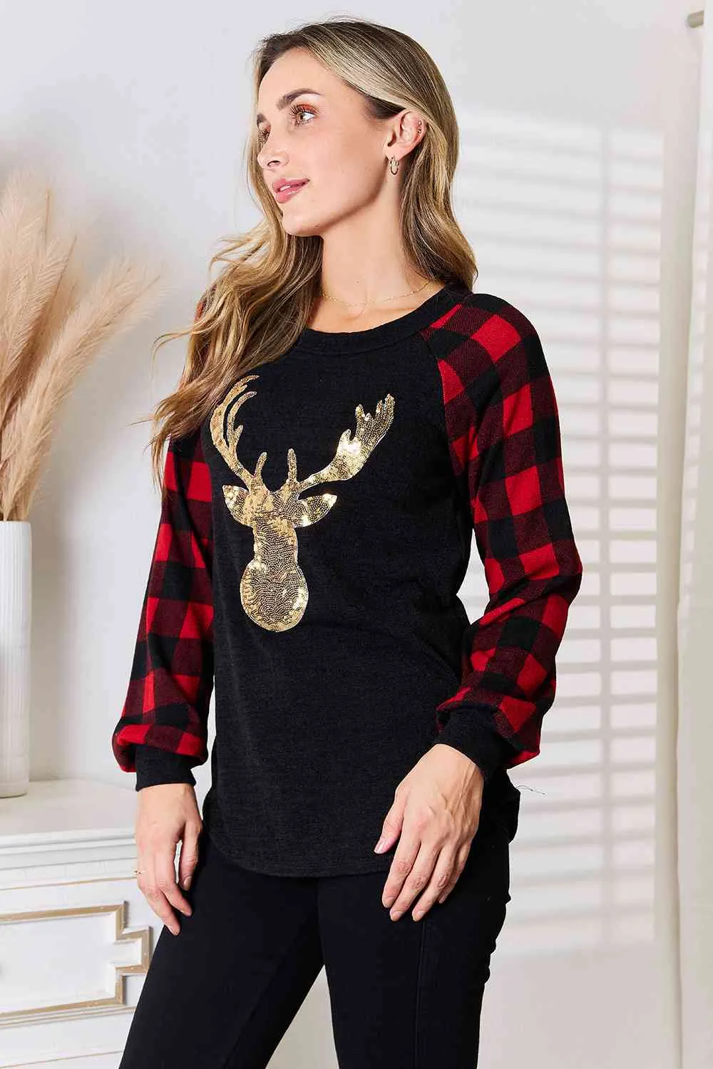 Full Size Sequin Reindeer Graphic Plaid Top