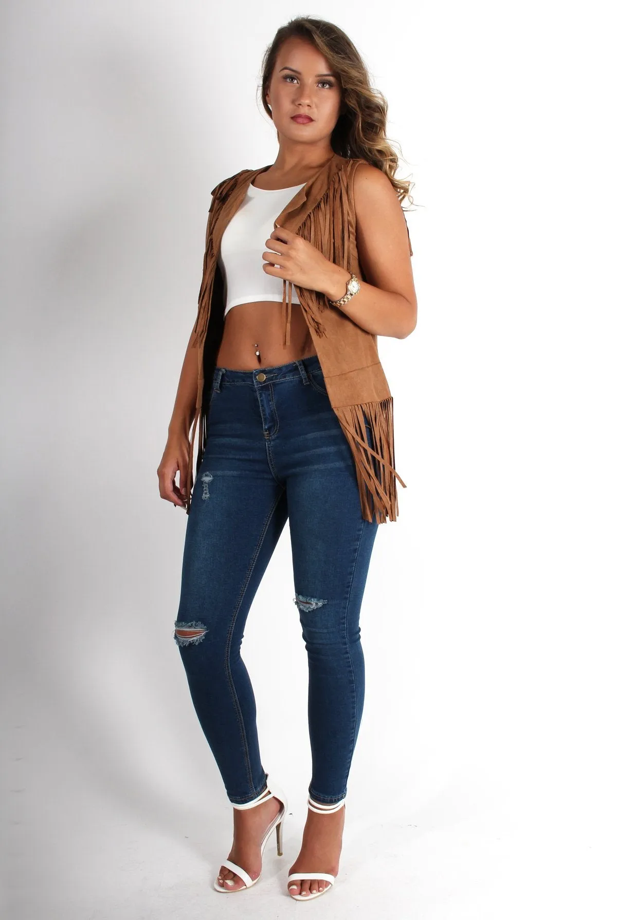 Gabbi Camel Suede Tassel Waistcoat