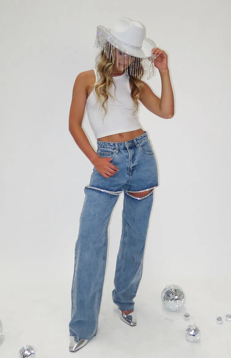 Gem Diamante Trim Wide Leg Denim Jeans