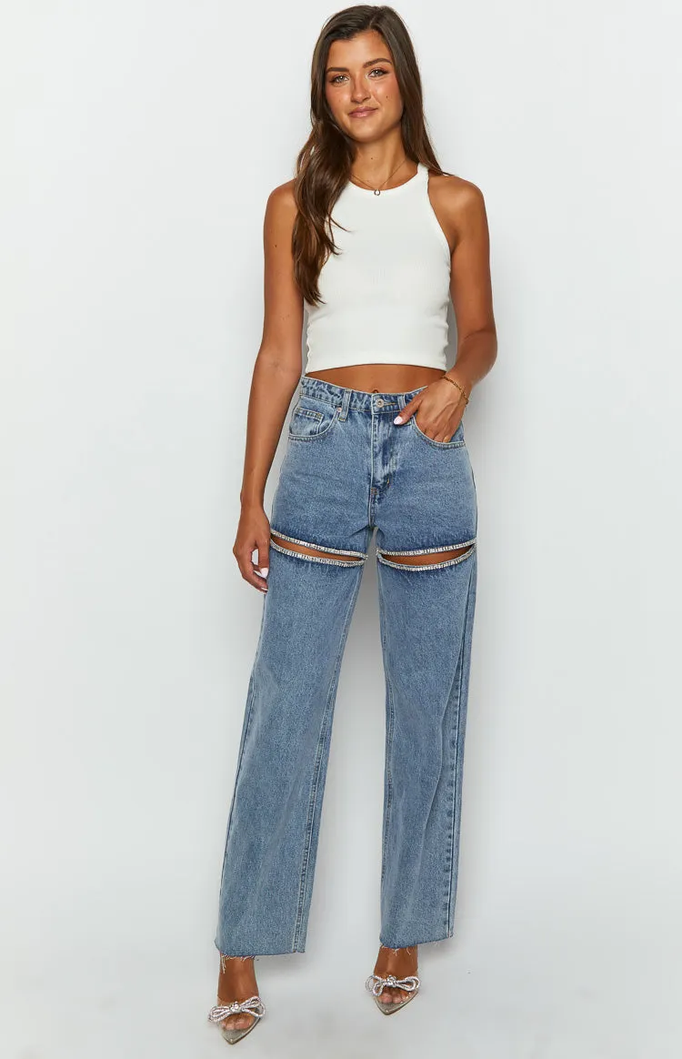 Gem Diamante Trim Wide Leg Denim Jeans