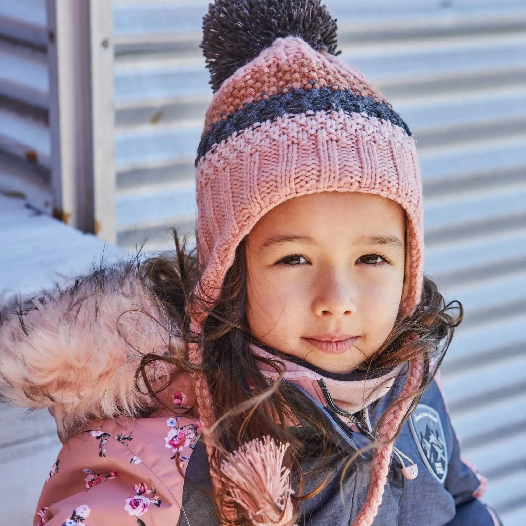 Girls' Striped Earflap Knit Hat Pink And Grey | DEUX PAR DEUX