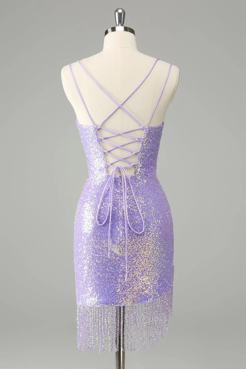 Gorgeous Bodycon Lilac Corset Sequin Short Homecoming Dress with Tassel