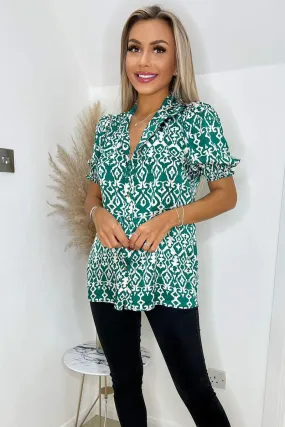 Green Printed Short Sleeve Button Up Shirt