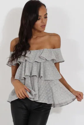 Grey Off the Shoulder Lace Frill Top - Larisa