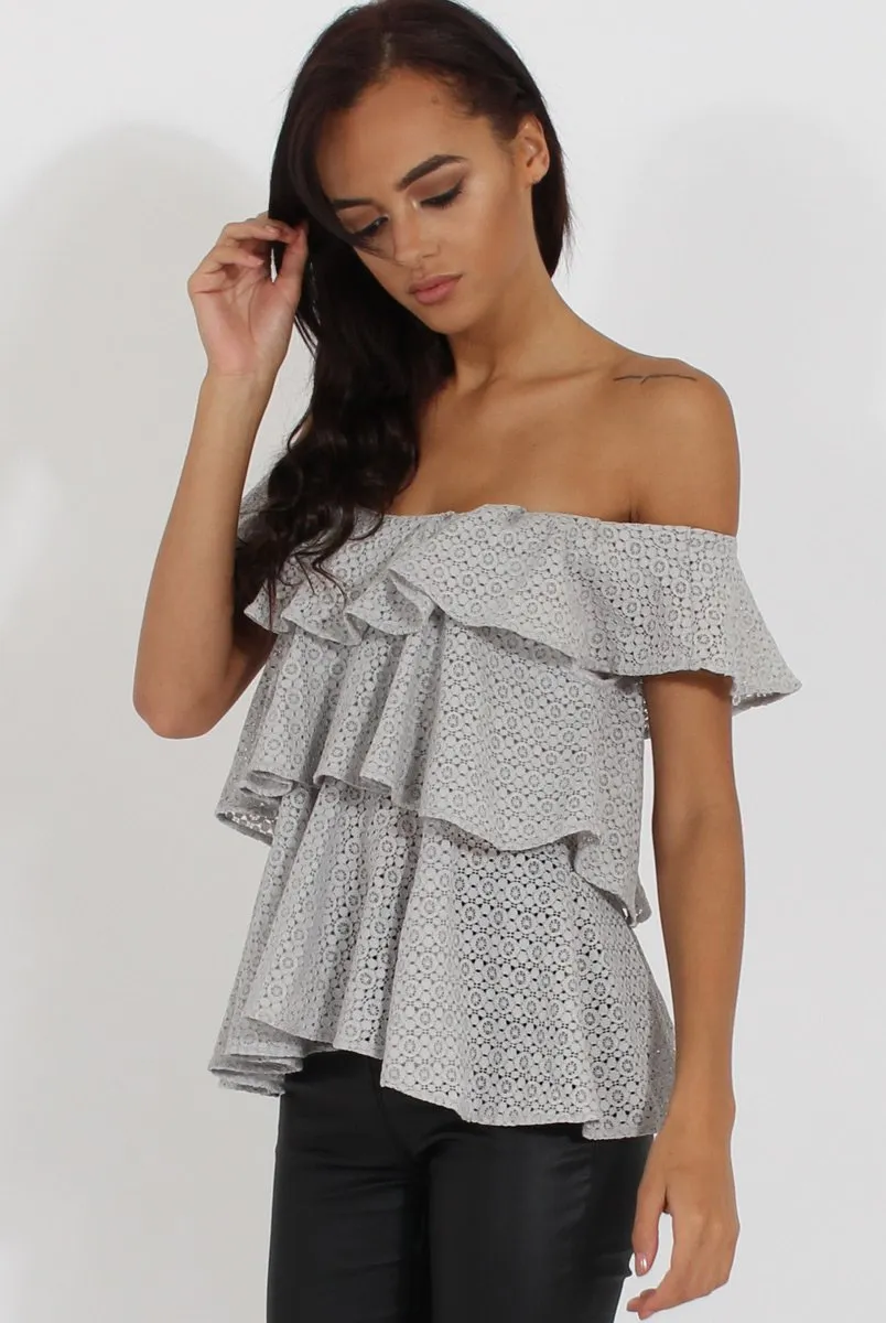 Grey Off the Shoulder Lace Frill Top - Larisa