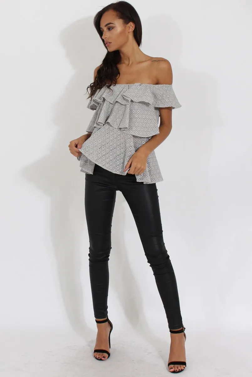 Grey Off the Shoulder Lace Frill Top - Larisa