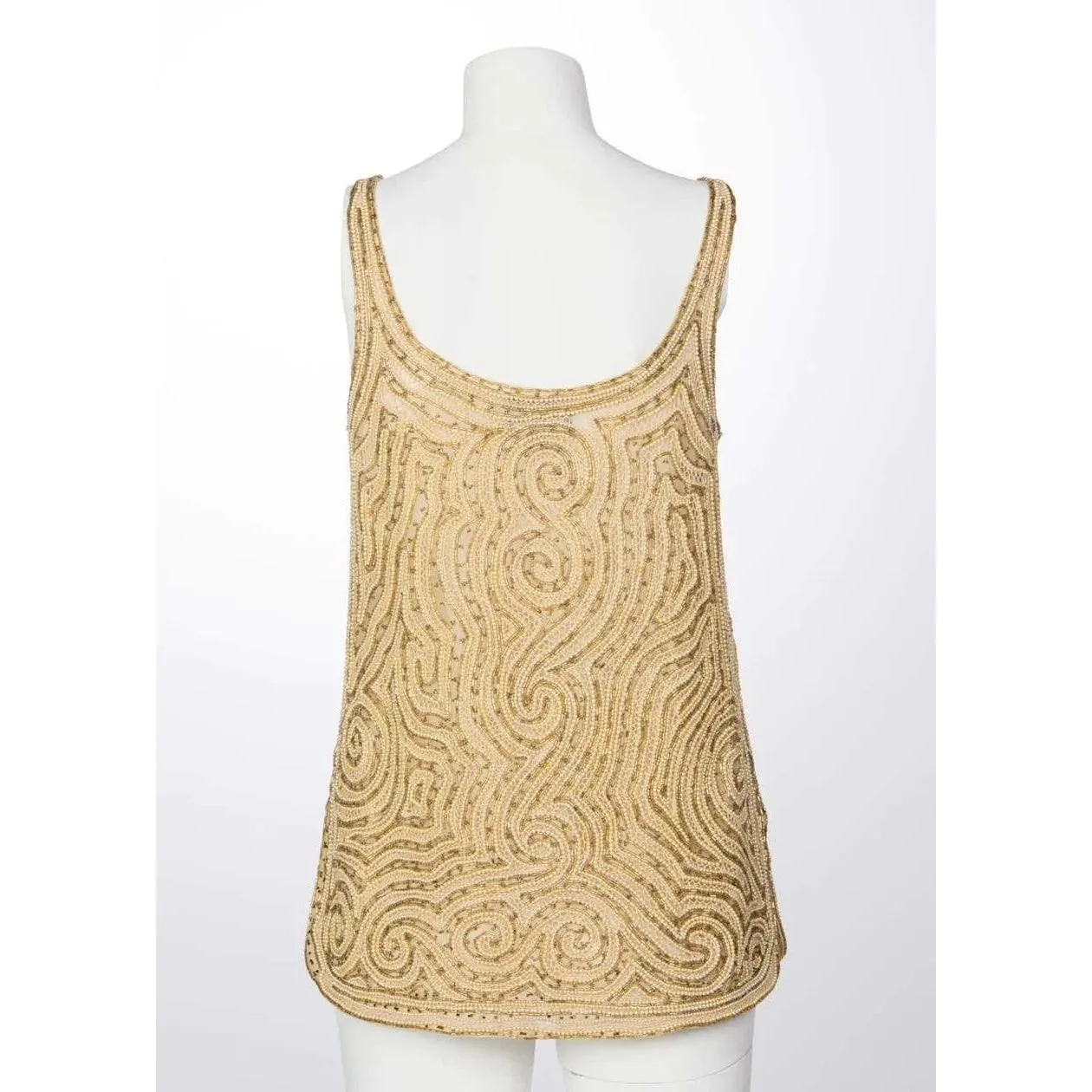 HALSTON 1970’s Gold Beaded & Pearl Organza Tunic Top | Size S/M