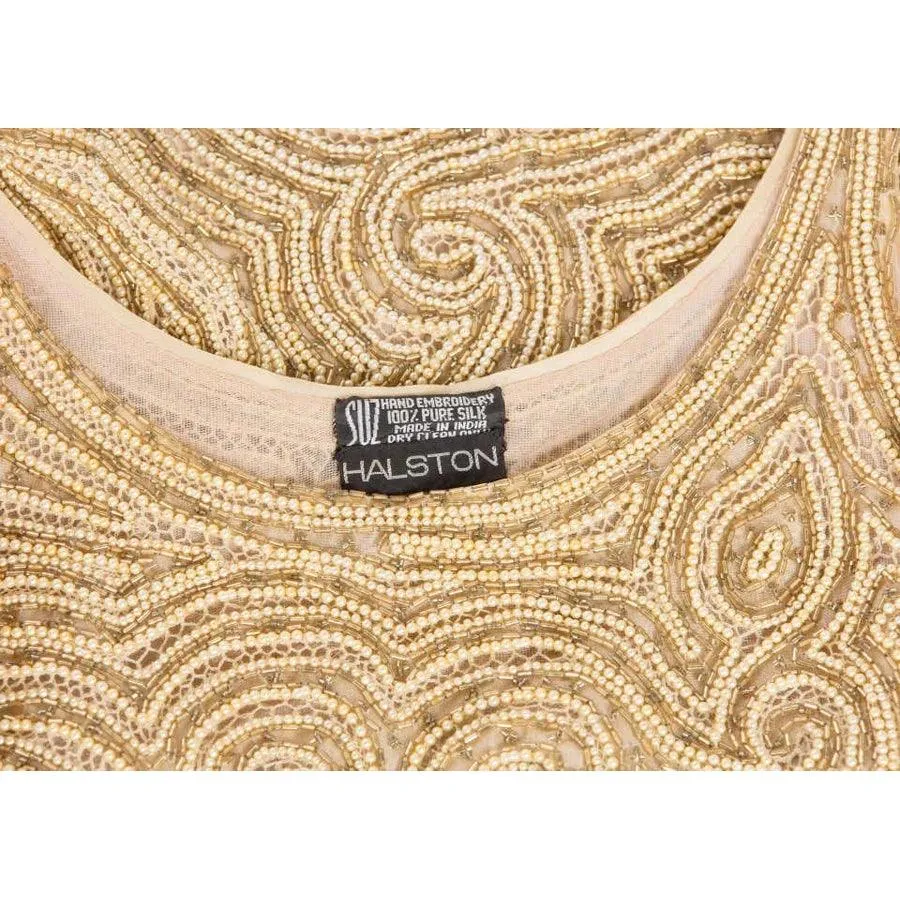 HALSTON 1970’s Gold Beaded & Pearl Organza Tunic Top | Size S/M