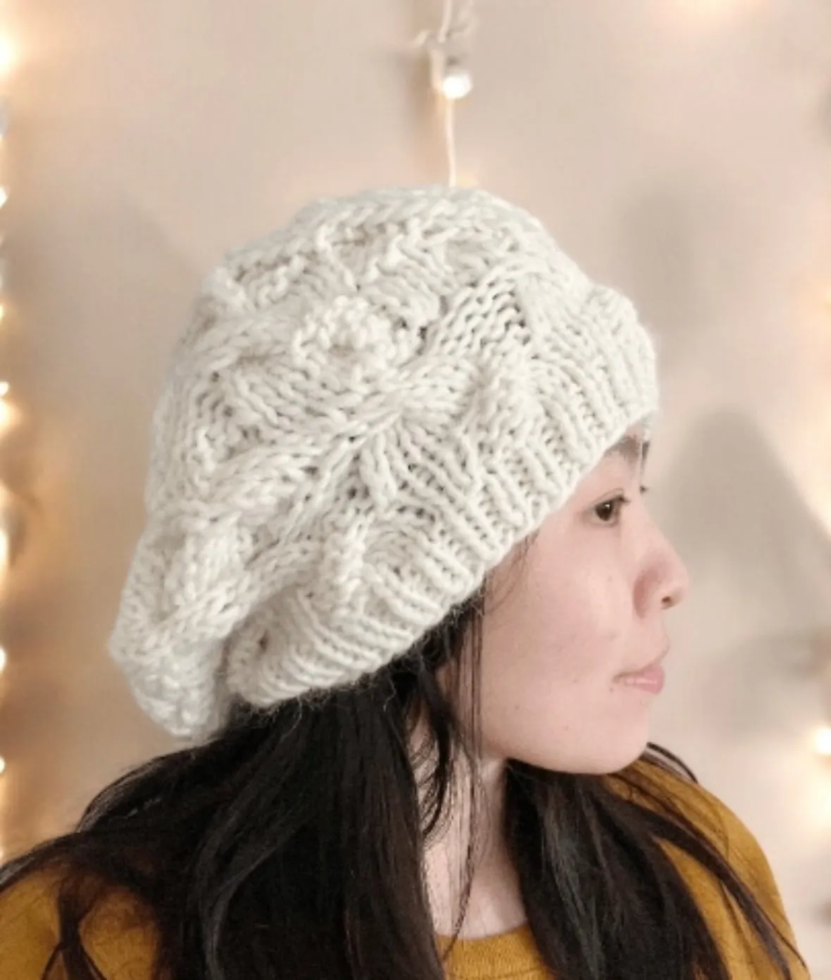 Handknit Cable Slouchy Beanie | Knit Beret | Slouchy Hat in cream white | Knit beanie in blue green | Fluffy cozy winter hat