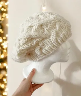 Handknit Cable Slouchy Beanie | Knit Beret | Slouchy Hat in cream white | Knit beanie in blue green | Fluffy cozy winter hat