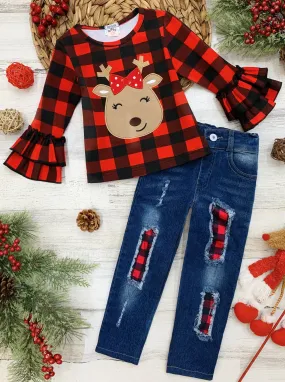 Happy Reindeer Plaid Patched Jeans Set