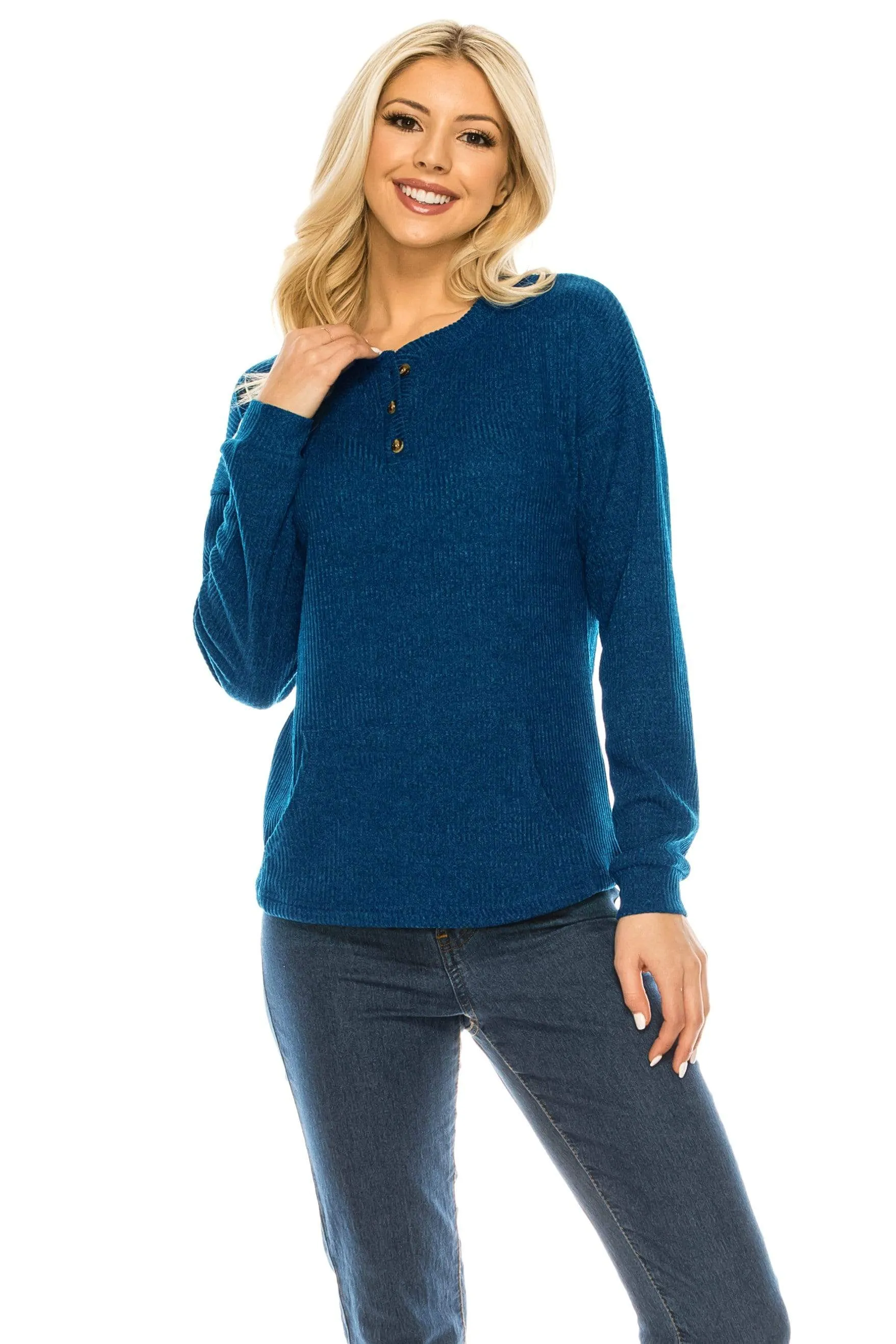 Haute Edition Women's Rib Kit Henley Top with Front Pocket