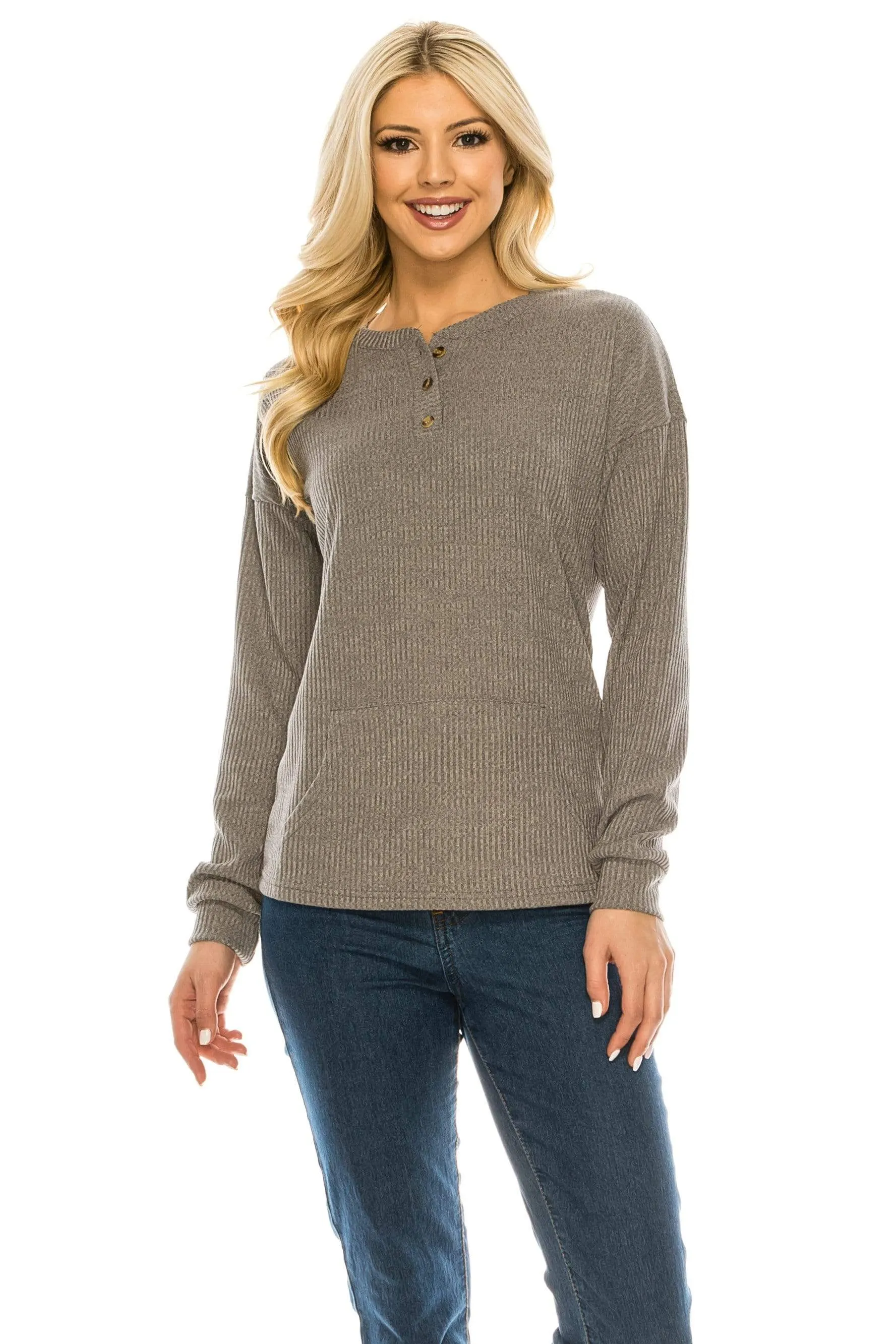 Haute Edition Women's Rib Kit Henley Top with Front Pocket