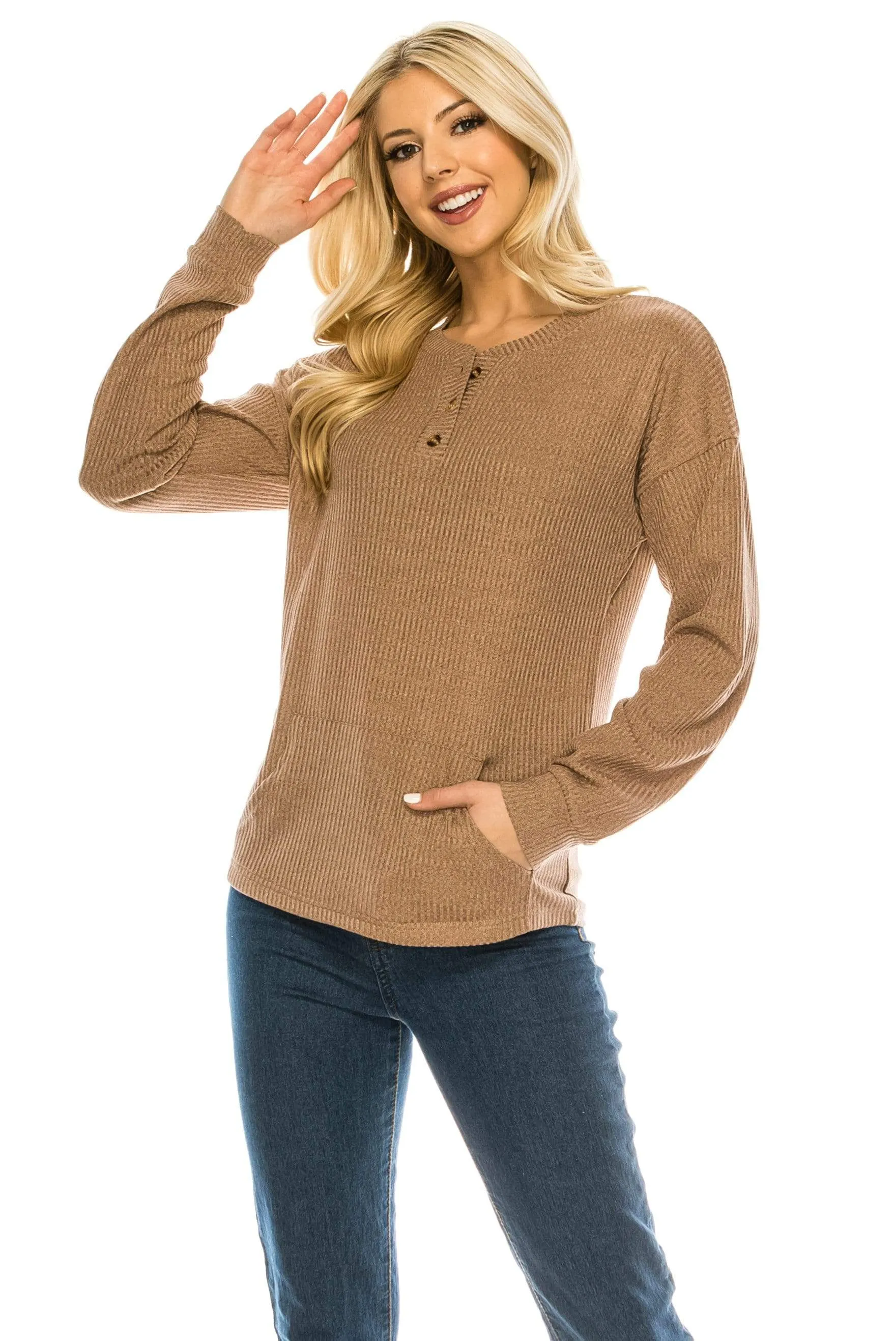 Haute Edition Women's Rib Kit Henley Top with Front Pocket