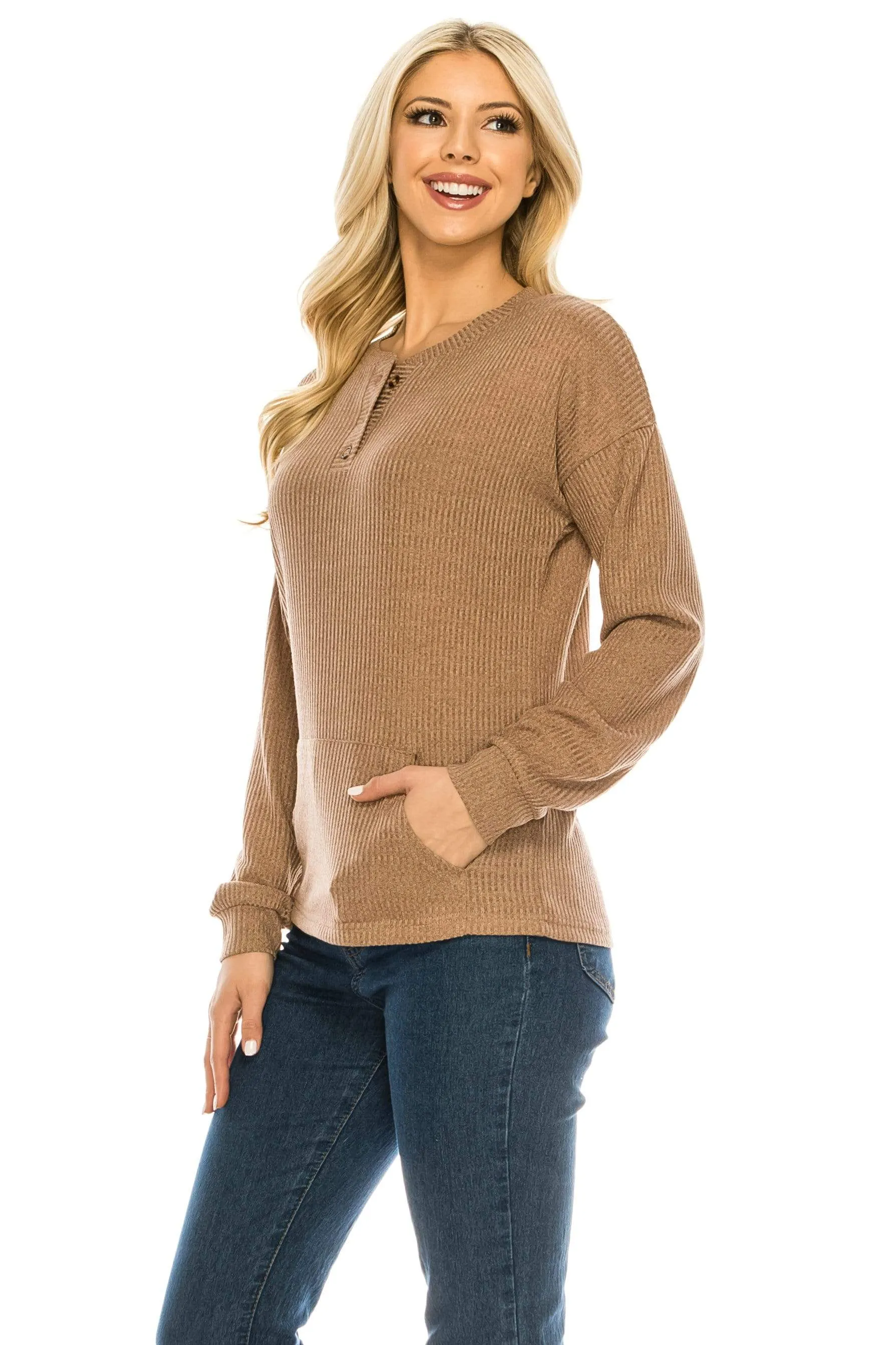 Haute Edition Women's Rib Kit Henley Top with Front Pocket