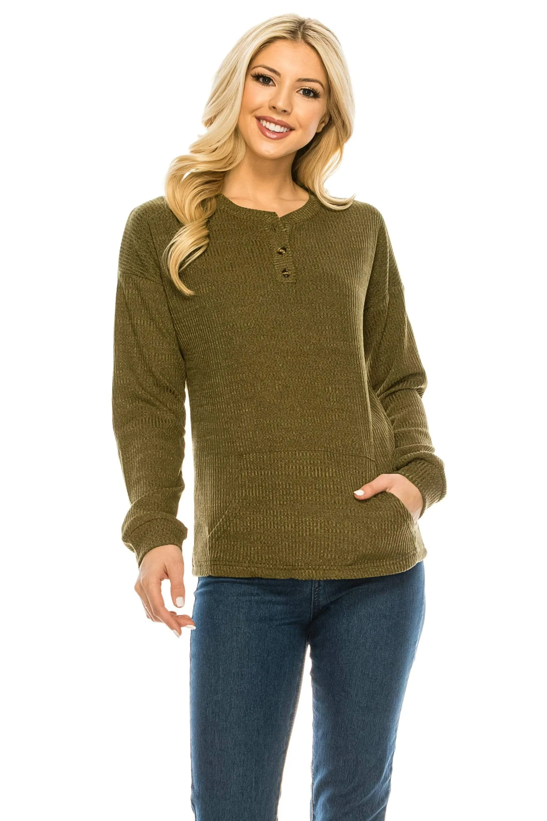 Haute Edition Women's Rib Kit Henley Top with Front Pocket