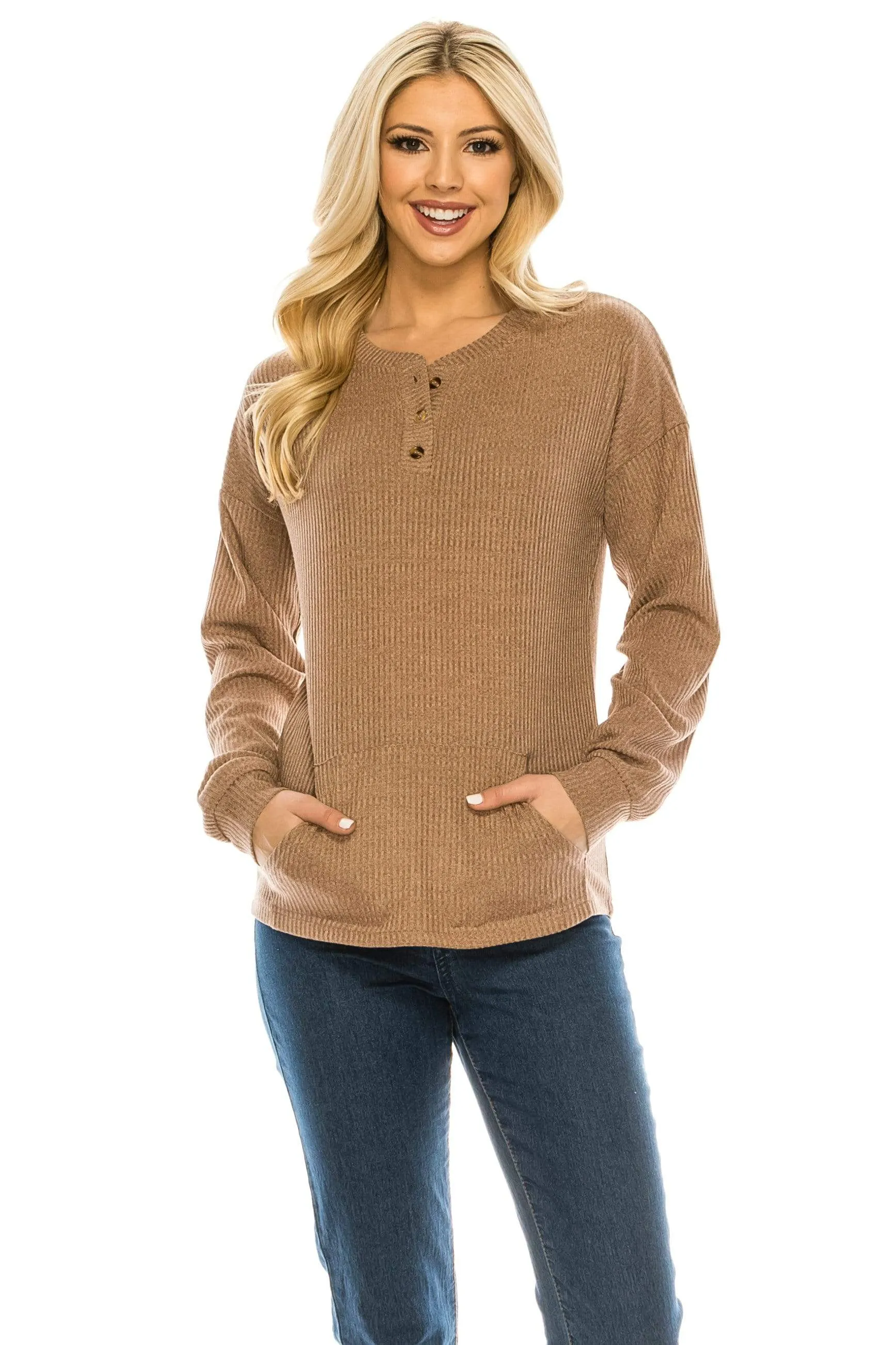 Haute Edition Women's Rib Kit Henley Top with Front Pocket