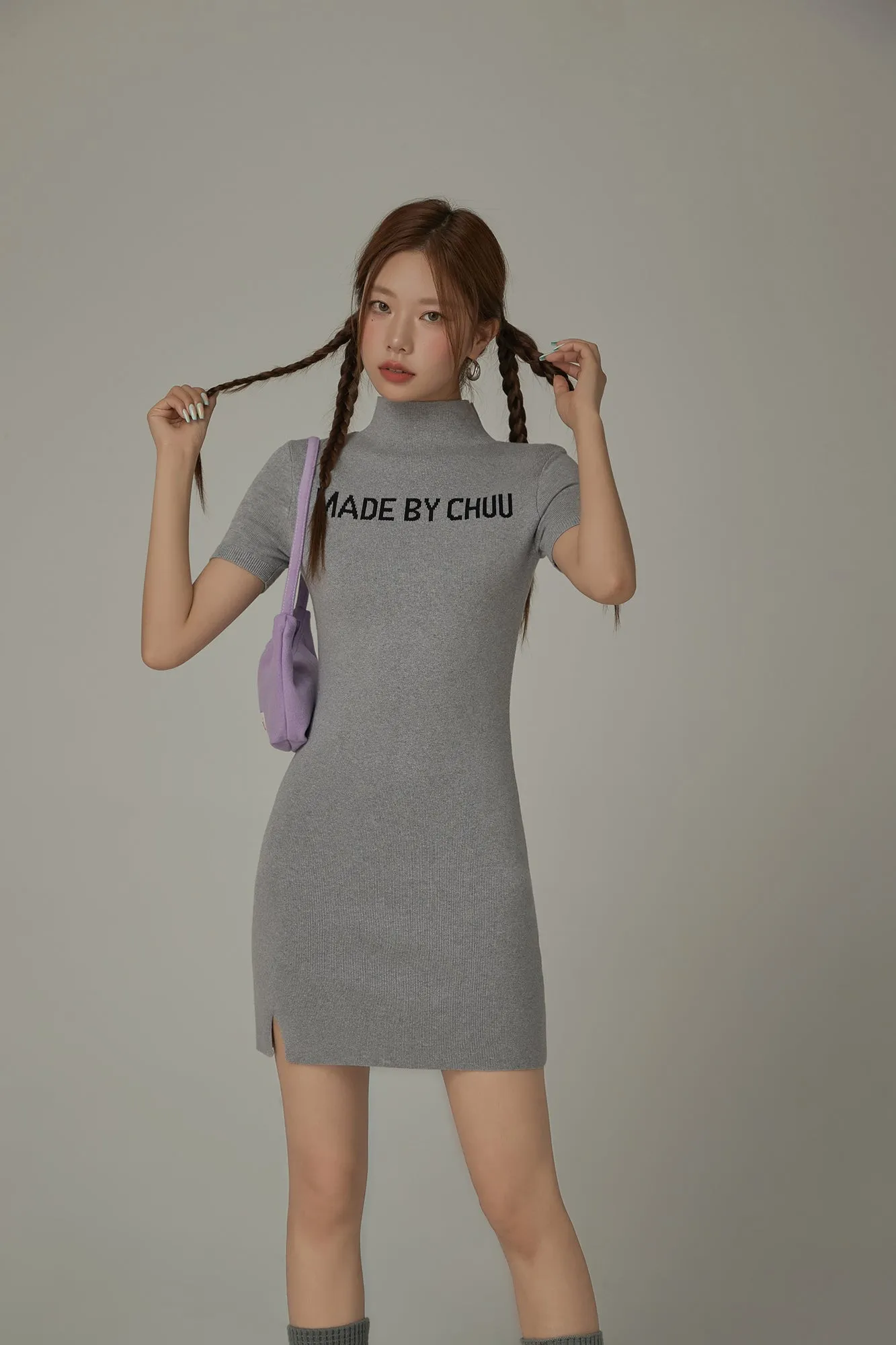 High Neck Logo Knit Mini Dress