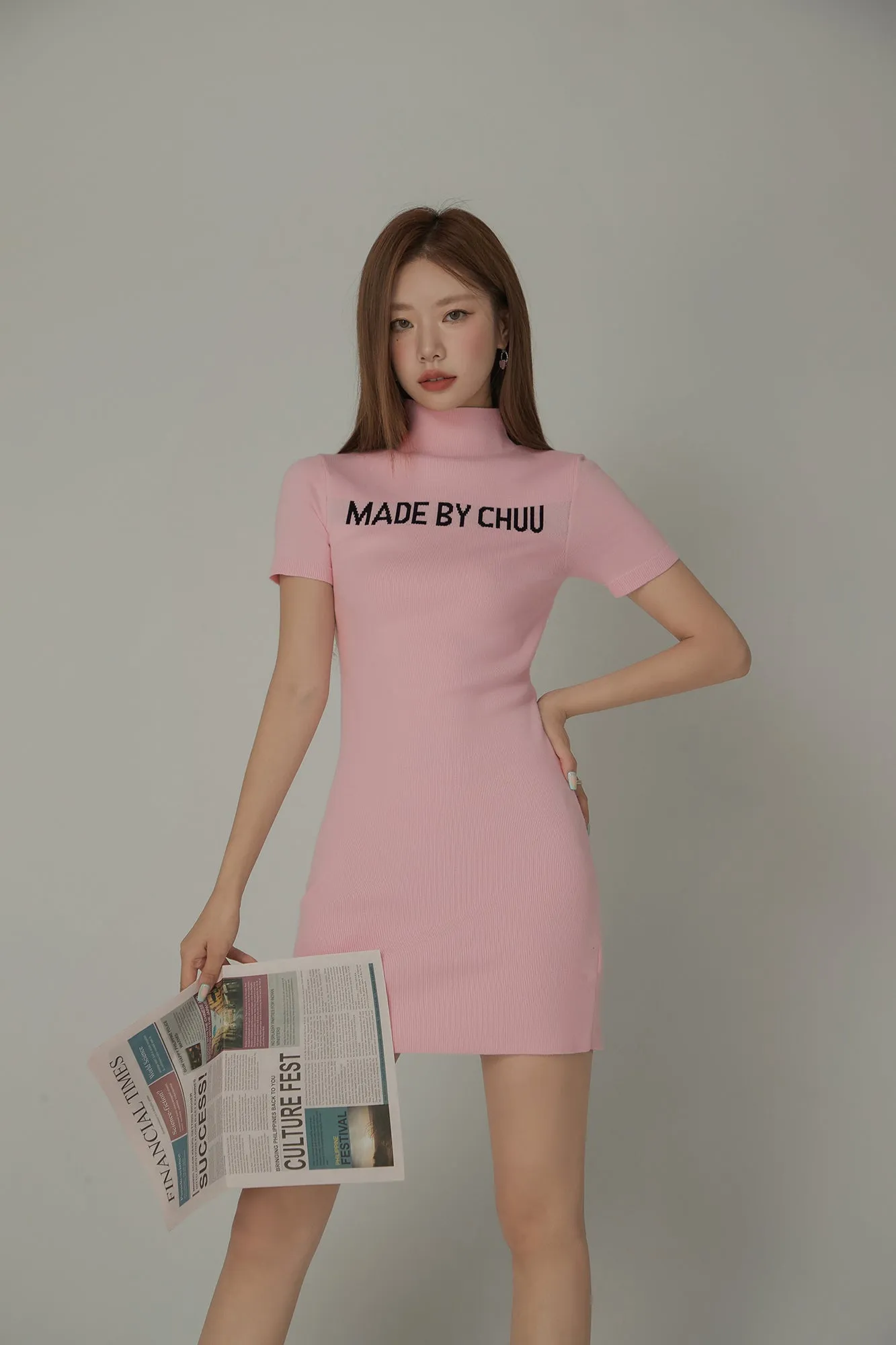 High Neck Logo Knit Mini Dress